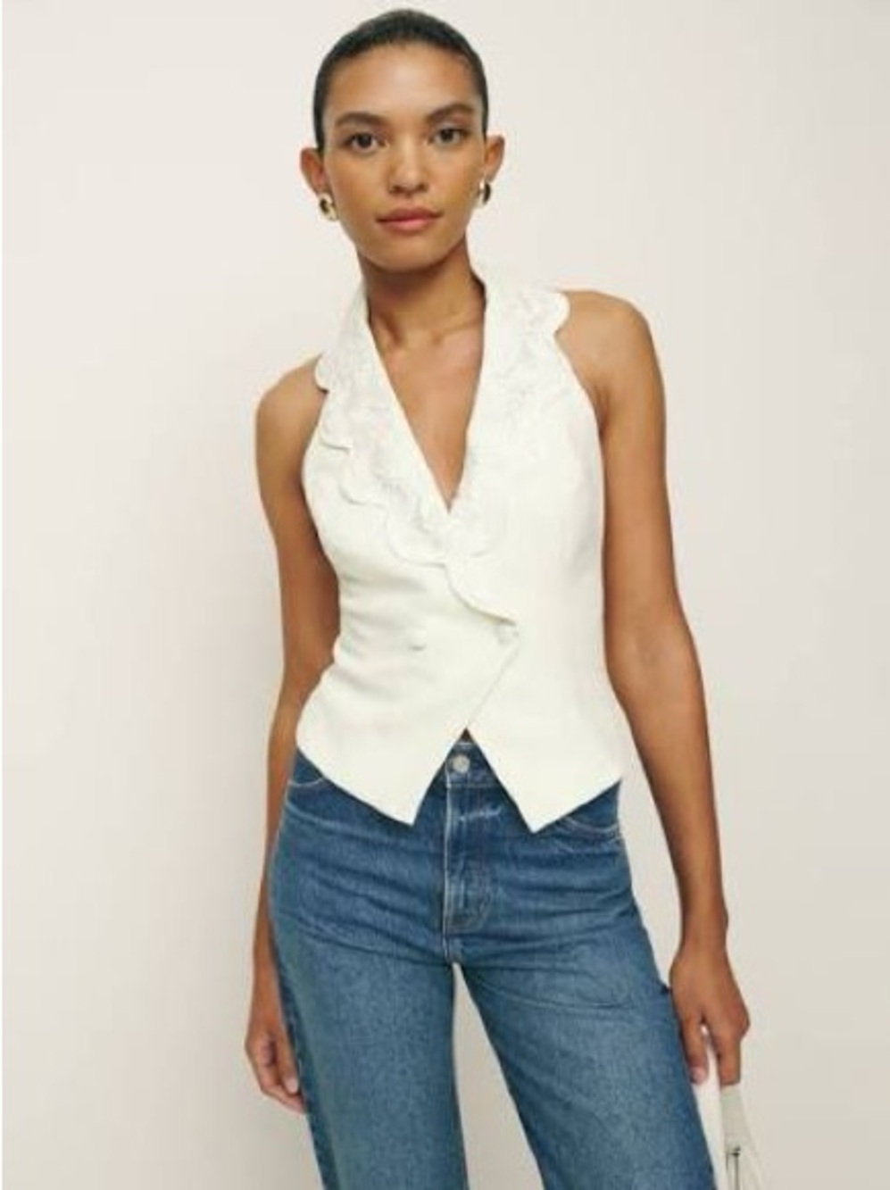 Reformation Primrose Vest embroidered white halter backless top
